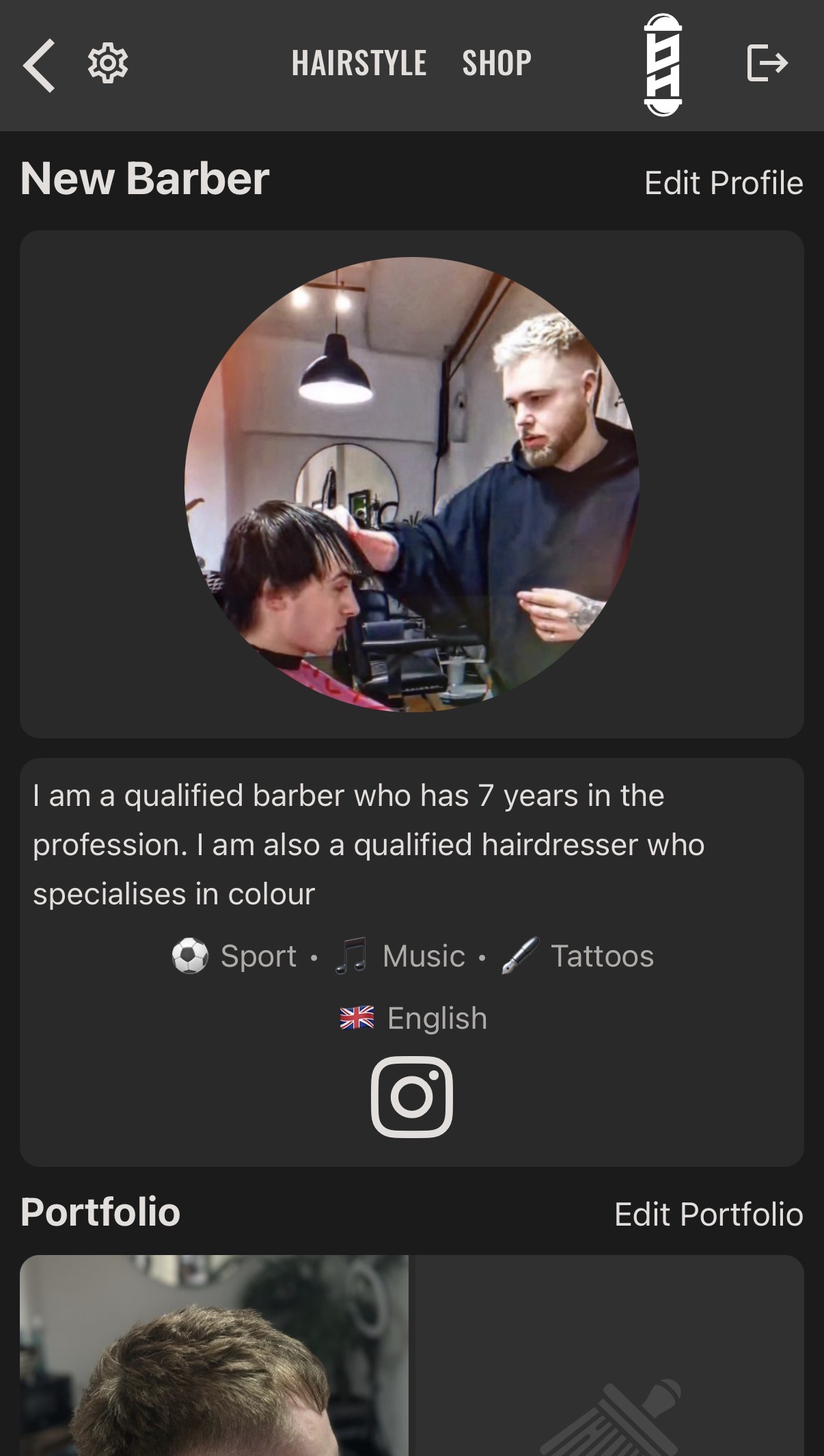 The Barber Hub stylist profile screen